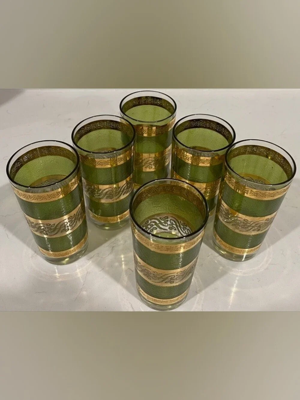 Vintage‎ MCM Starlyte Green & 22k Gold Scroll Highball Glasses - Set of 6 EUC
